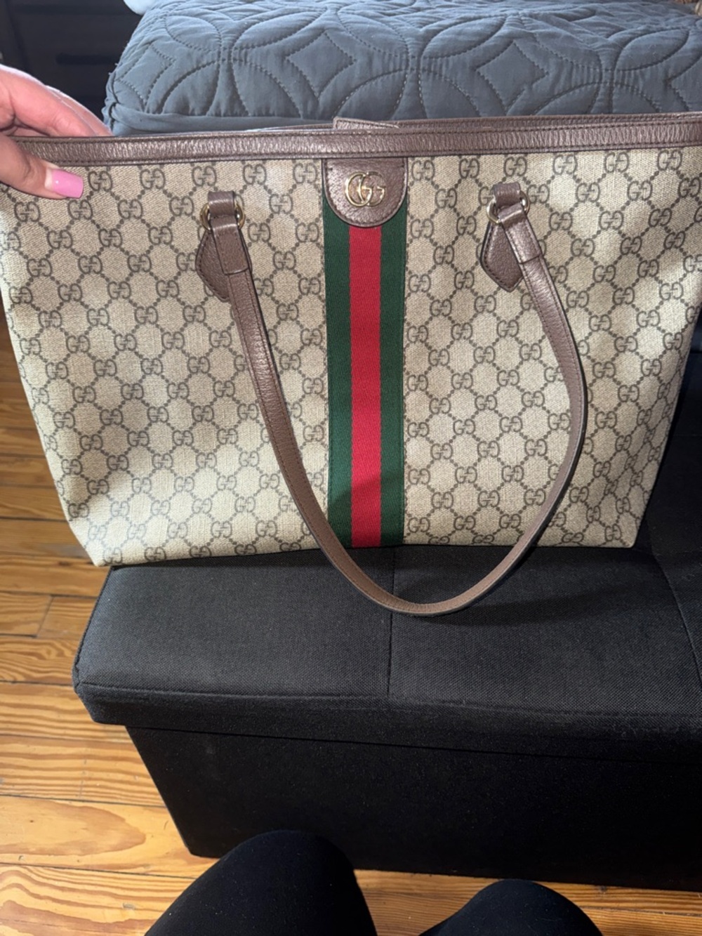 Gucci Beige GG Supreme Tote with Brown Leather and Green-Red Web